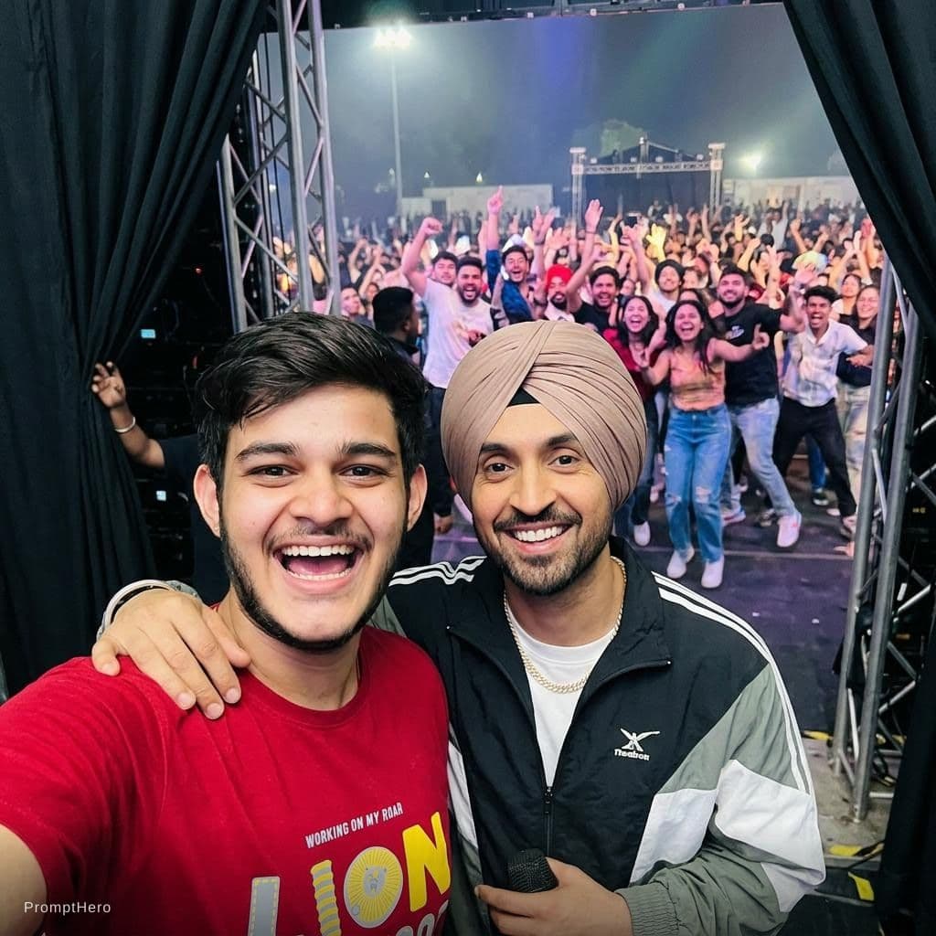AI generated: with Diljit Dosanjh backstage at a concert, excited fans vibe