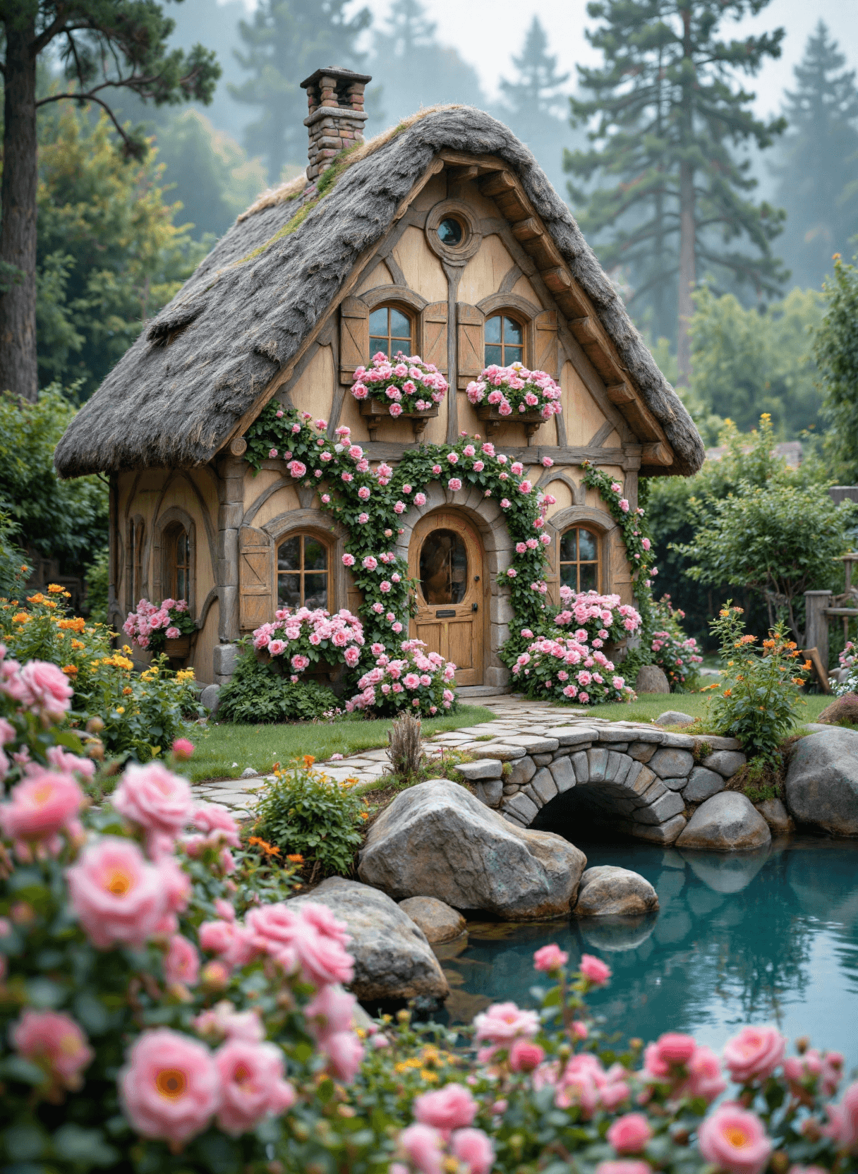 AI generated: The image depicts a picturesque, whimsical house nestled in a lush, verdant forest setting. The hous...