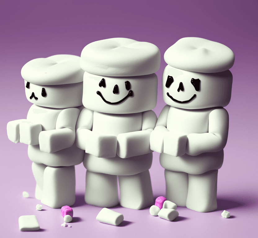AI generated: marshmallow men made from 3 stacked marshmallows, sick, sad, background of candy, willy wonka, fanta...