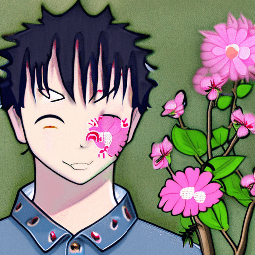 AI generated: Create from a profile view a character of a young man with messy black hair, wearing a pink oni mask...