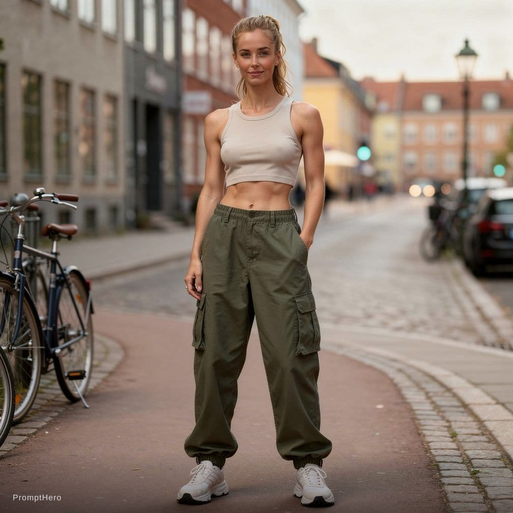 AI generated: Fashion photo of a Androgynous female model with athletic build wearing cropped tank top and loose u...