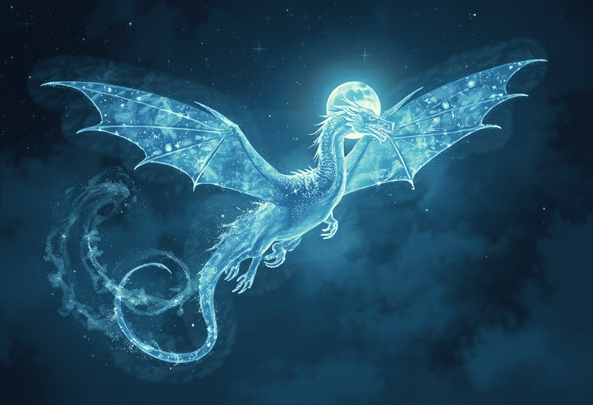 AI generated: A translucent, moonlit dragon soars through a starlit sky, its form shimmering with an otherworldly ...