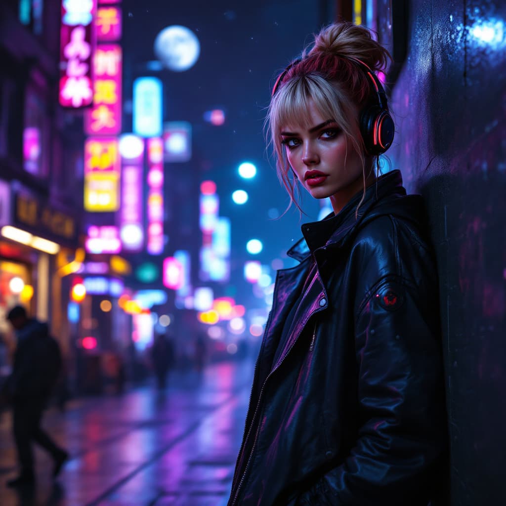 AI generated: (film stock) , (extremely detailed CG unity 8k wallpaper) full body portrait of a cyberpunk woman le...