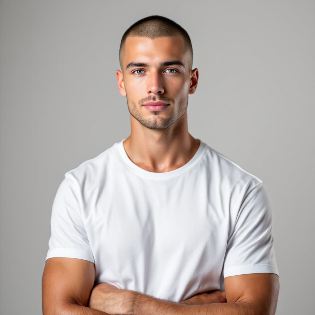 AI generated: High-res portrait of a 25-year-old white American man, tanned skin, buzz cut, light stubble, blue ey...