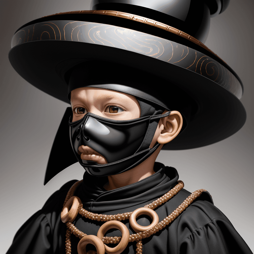 AI generated: 5 year old boy in a black ape wooden helmet mask and black suit, black hat with a salty donut in his...