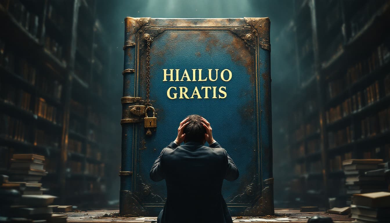 AI generated: A desperate man that desperately reads and holds his head. In front a gigantic book with the inscrip...