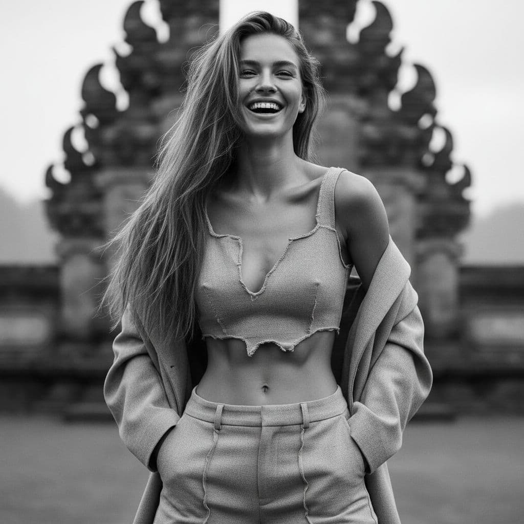AI generated: Brutalist high Fashion waist up photo of a 20-year-old with extreme blond long hair Slim female with...