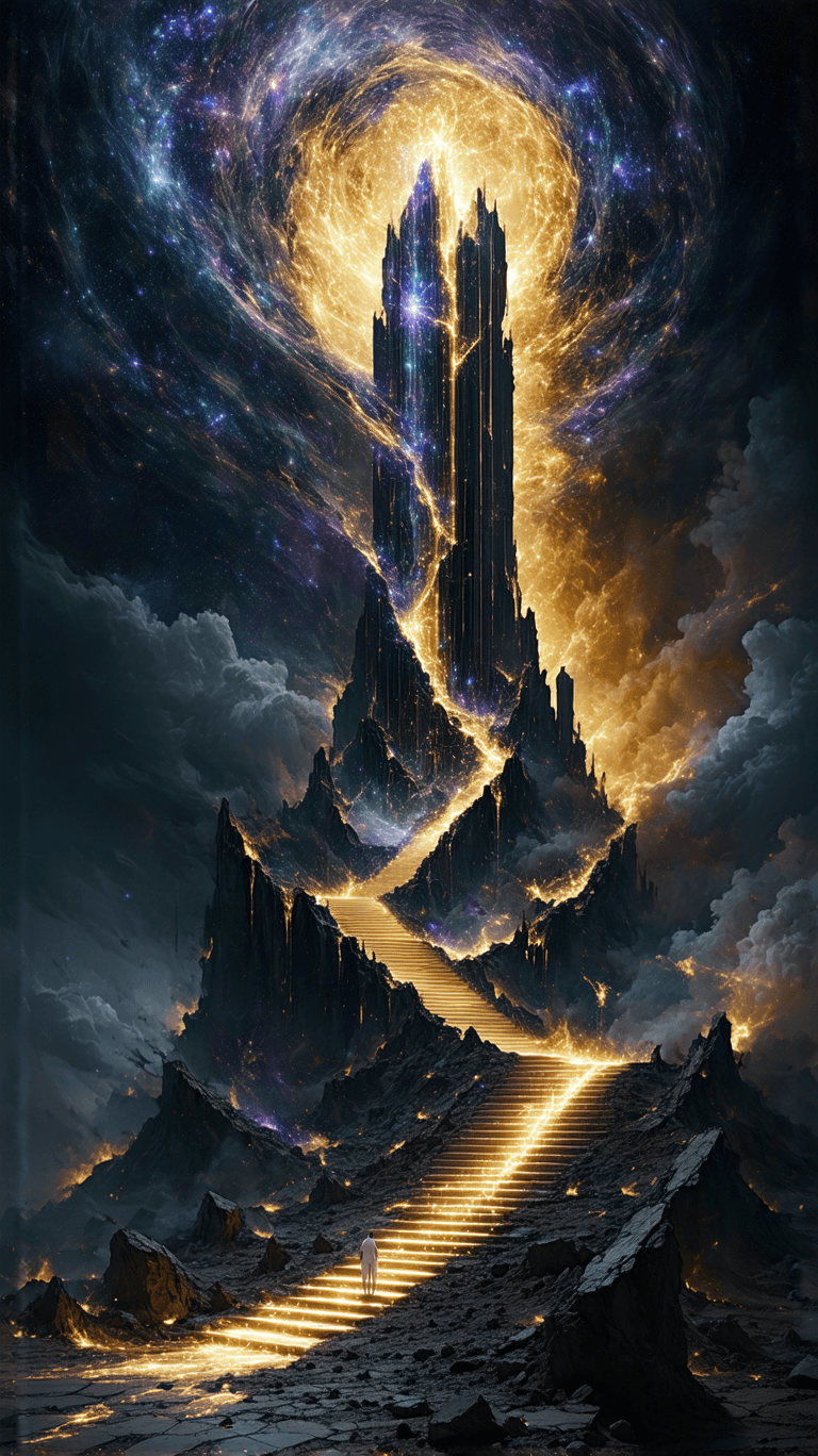 AI generated: A colossal crystalline tower, woven from liquid gold and neon threads of fate, fractures into infini...