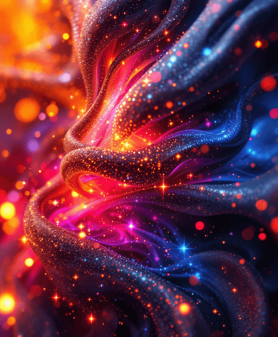 AI generated: Abstract glittering texture with red, blue, and orange sparks. Fantasy fractal design. Digital art. ...
