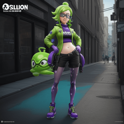AI generated: splatoon 3 character, 3d model, adult lady, street style, unreal engine 5, green slime melt, blue an...
