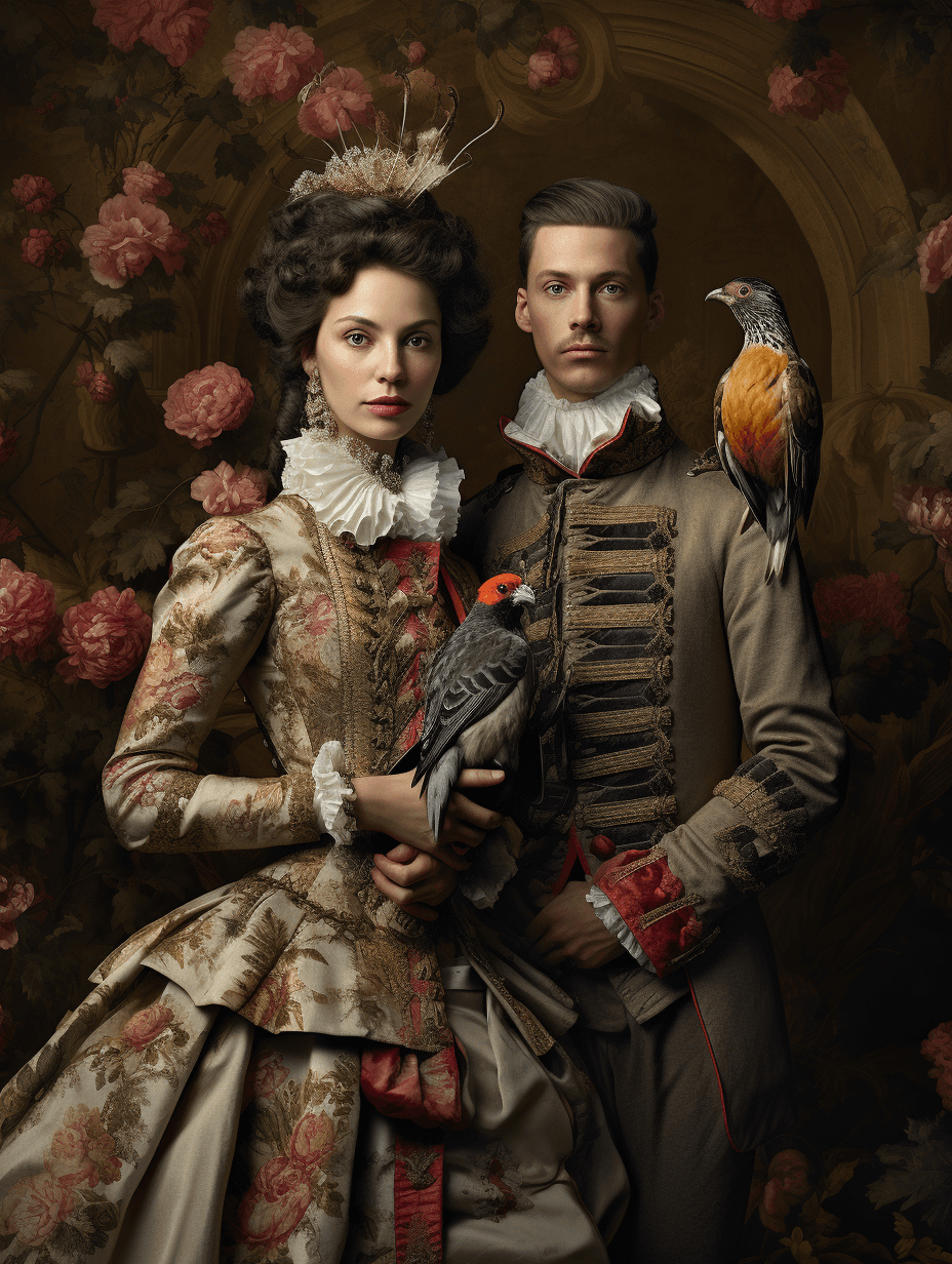 AI generated: Award winning portraits of two people, in the style of barocco, detailed hunting scenes, full body, ...