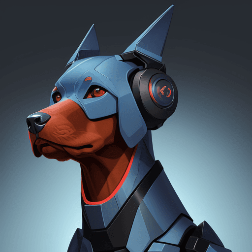 AI generated: A stylized robo-themed illustration of a vizsla dog head, seen directly from the front, in a blue gr...