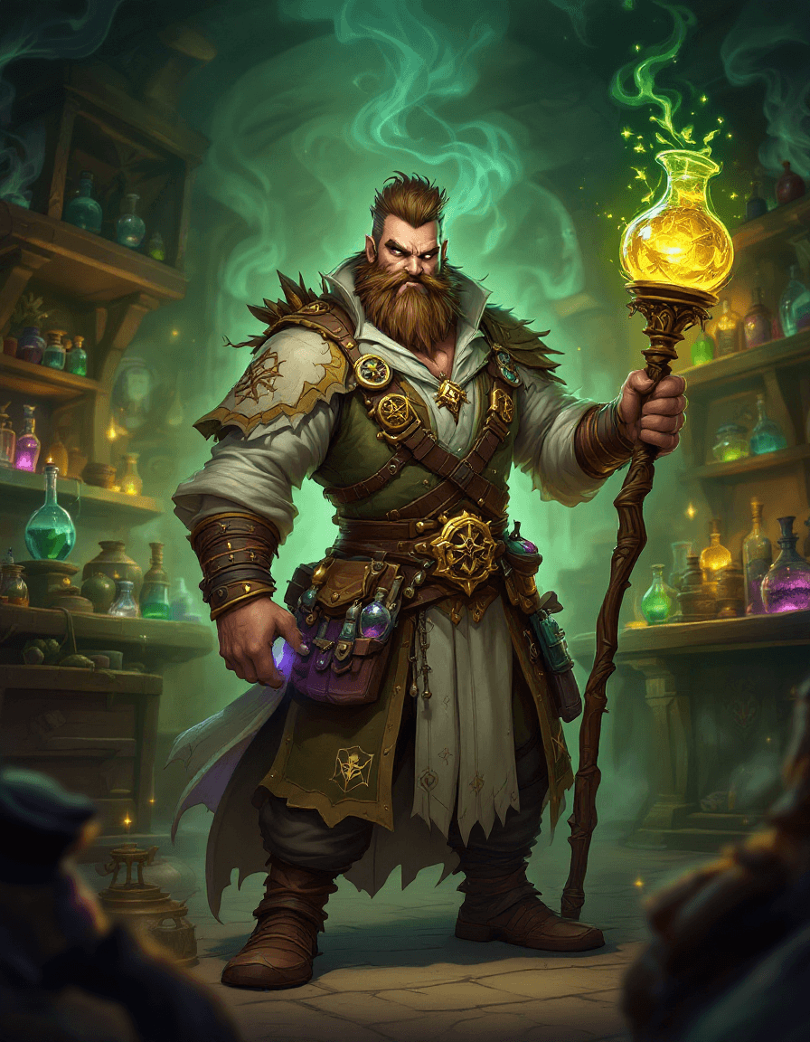 AI generated: "Create a concept art for Feron, Master of Elixirs, a brilliant and eccentric alchemist skilled in c...