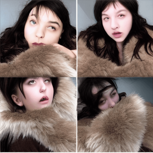 AI generated: three innocent gorgeous girl cuddling and kissing each other, having fur party, wear thick fur coat,...