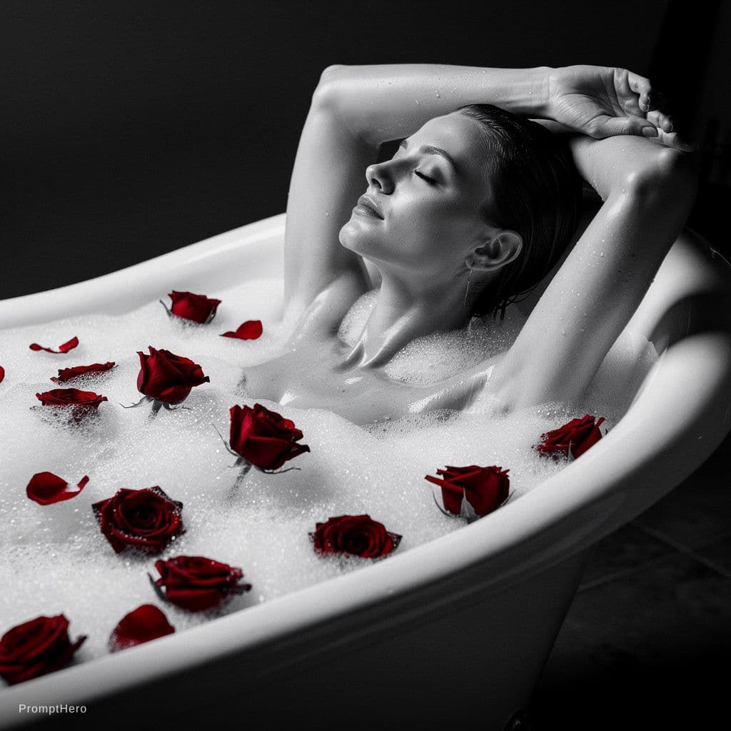 AI generated: A sensual, black and white photograph of a woman reclining in a luxurious bathtub filled with rich, ...