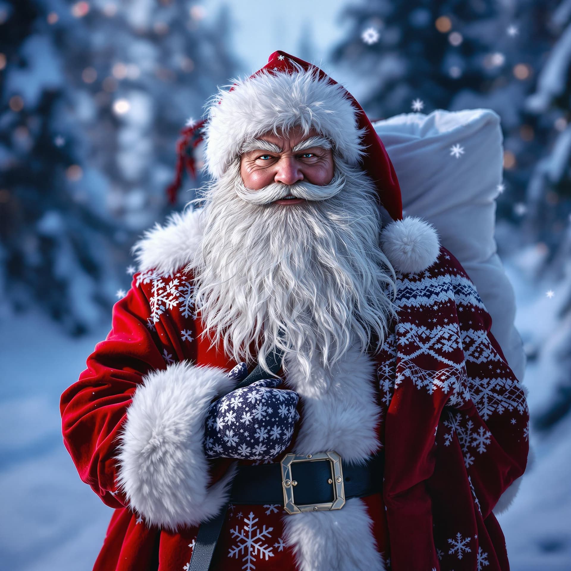 AI generated: A cross between Santa Claus and Uncle Frost from Frozen, Standing and posing with a a large bag of g...