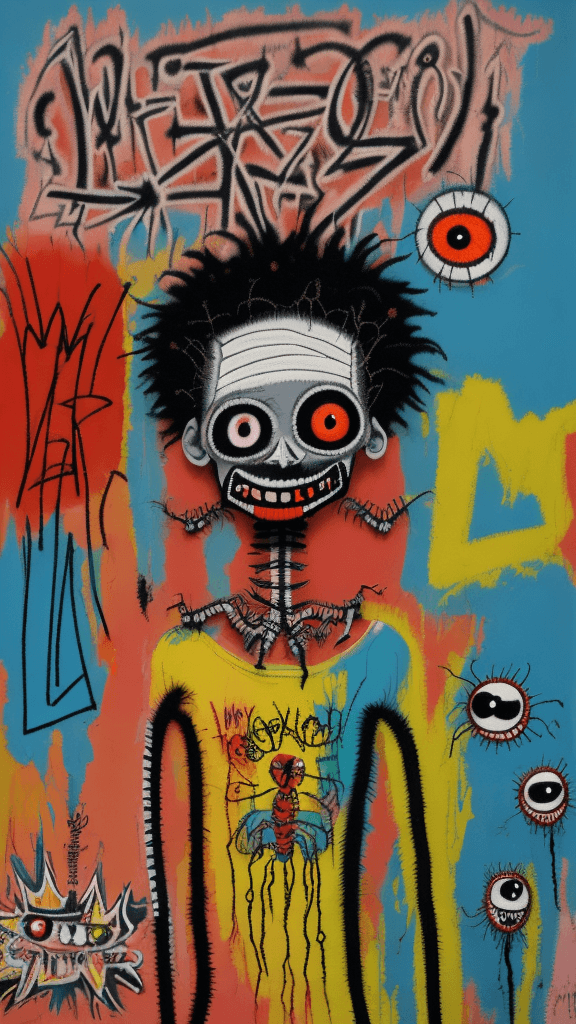 AI generated: graffitied on the wall invision my imaginary friend a Absurd Embroidery bird head spider legs red or...