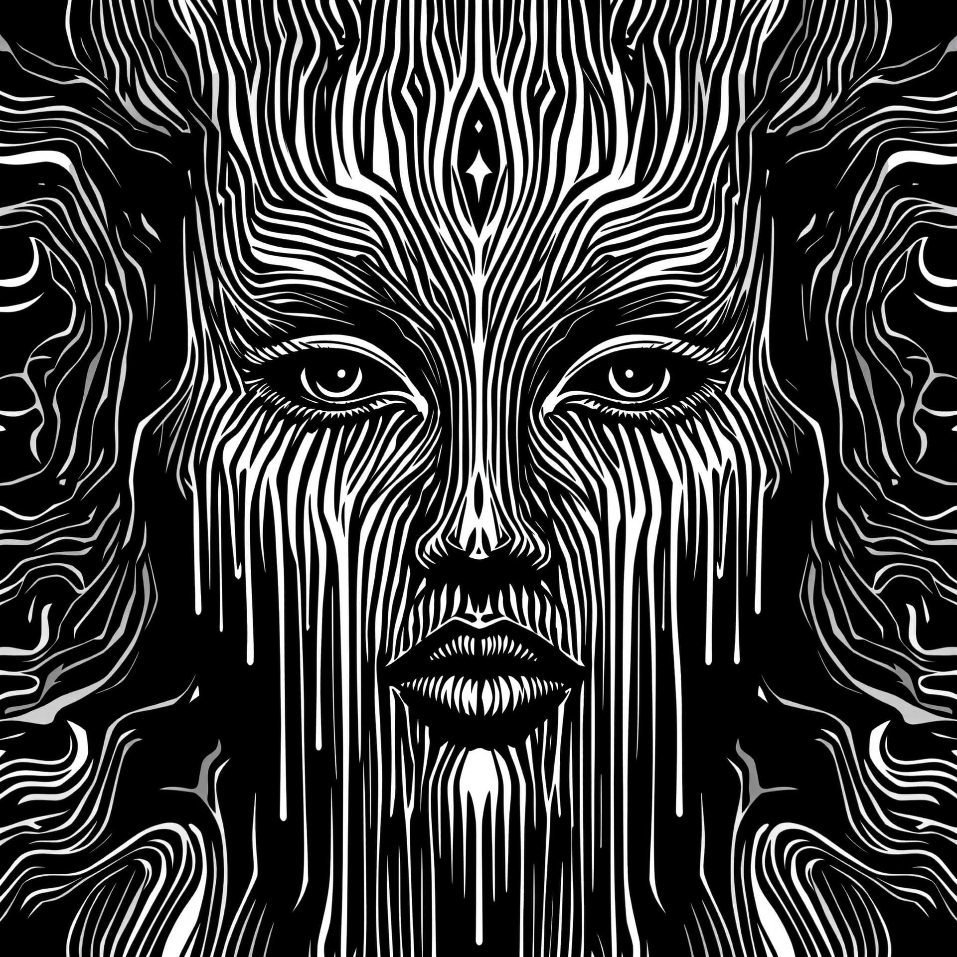 AI generated: black and white vector pattern, phi, face form, dripping, melting lines,, symmetrical, vector patter...