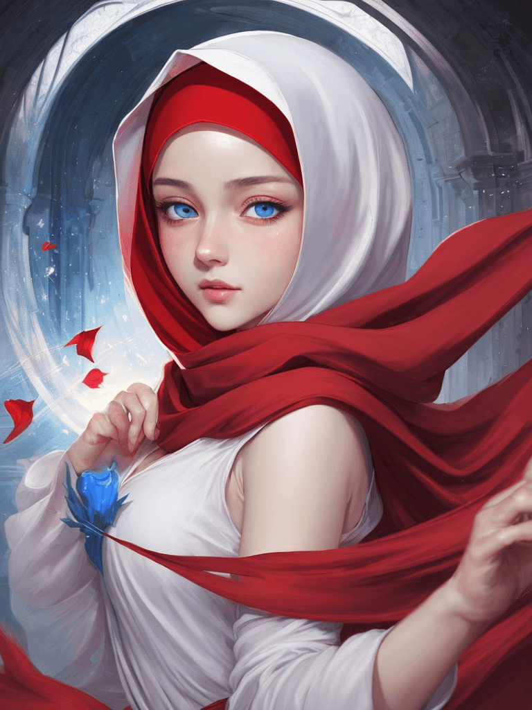 AI generated: best quality, masterpiece, (realistic:1.2), luminate, beautiful muslim, manhua art, red hijab, twirl...