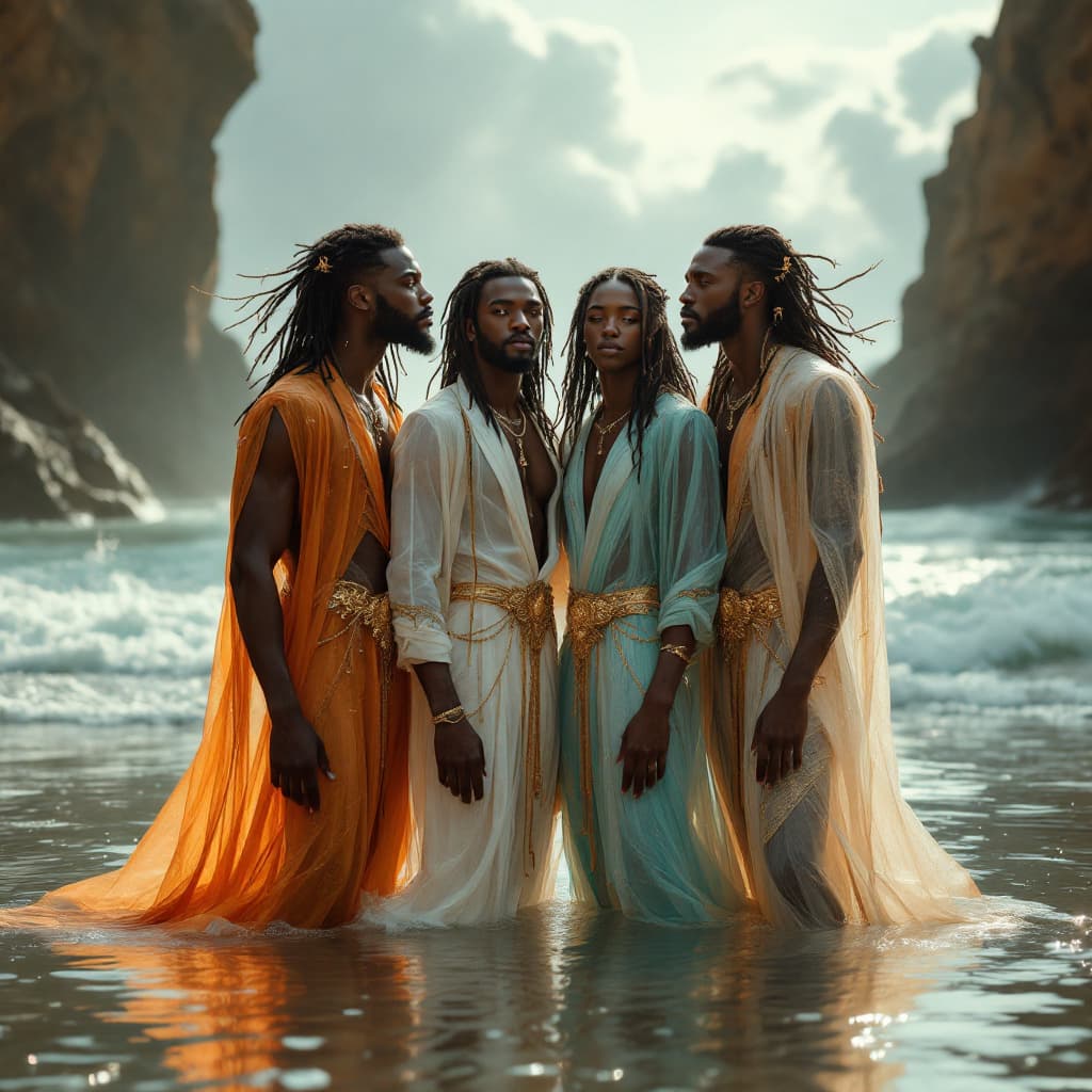 AI generated: Ultra-high resolution, Hyper-detailed fantasy scene, Four BLACK ethereal men standing gracefully in ...