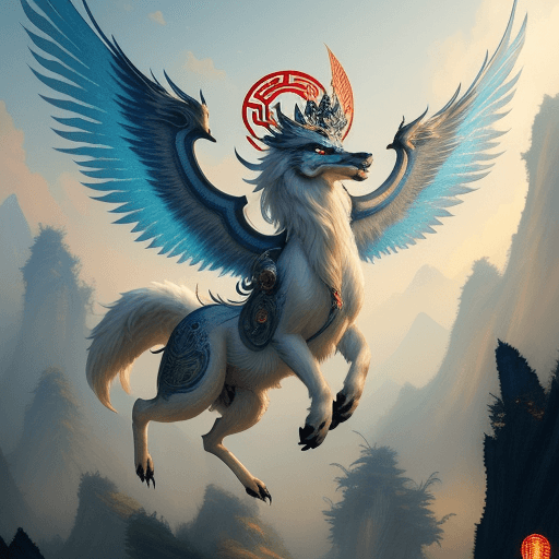 AI generated: Ancient Chinese mythical beast A winged wolf design, highly detailed animal character design, Domine...