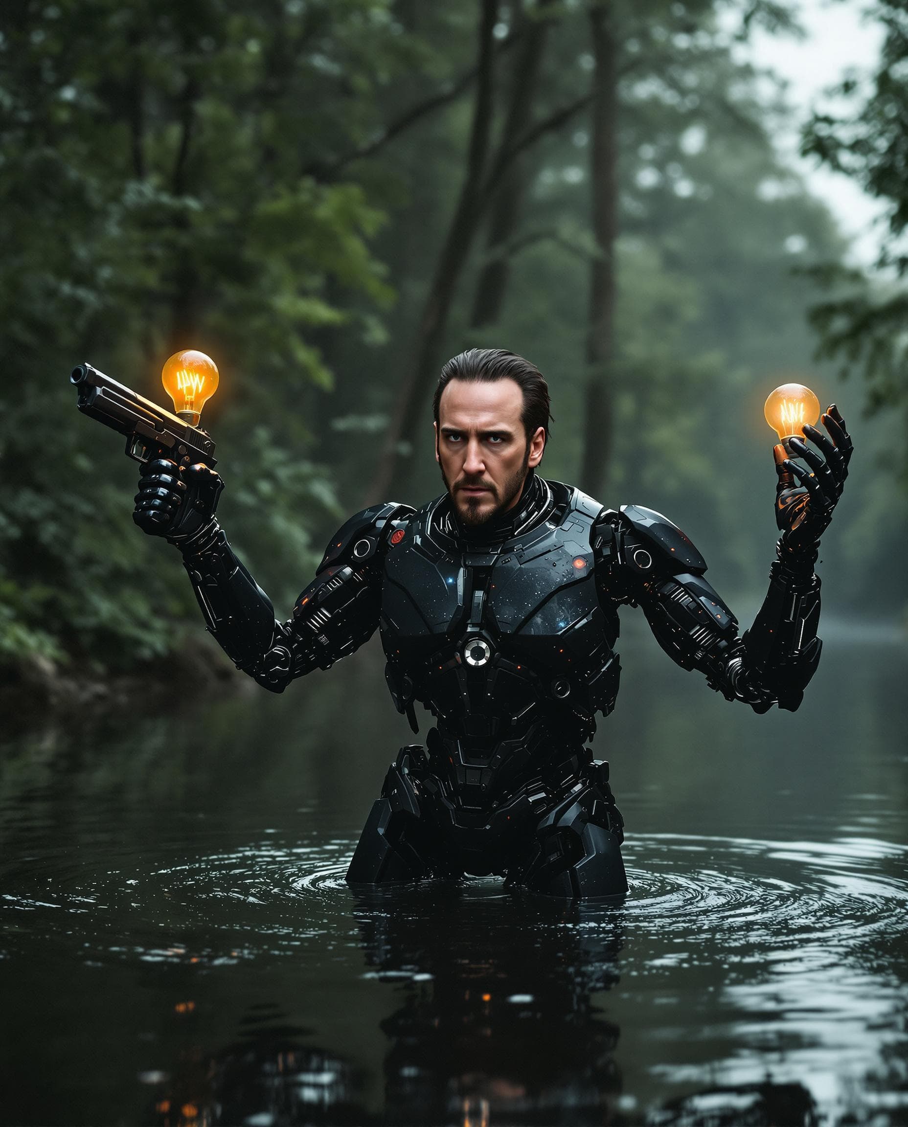 AI generated: The real photo is of a American powerful man Nicolas Cage, with a futuristic cybernetic robot body, ...