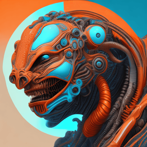 AI generated: alien cyborg art and illustration by theo el, in the style of balanced symmetry, light orange and cy...