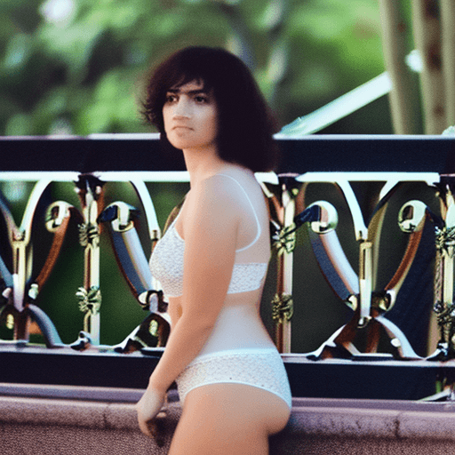 AI generated: A woman with dark wavy hair stands outdoors at dusk, facing the camera with a serious expression. Sh...