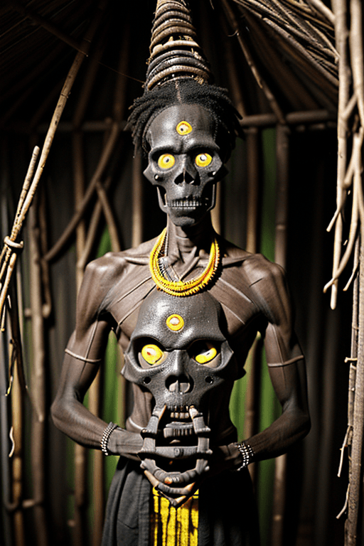AI generated: A male voodoo priest in the creepy hut, with dark complexion skin, yellow eyes, symmetrical features...