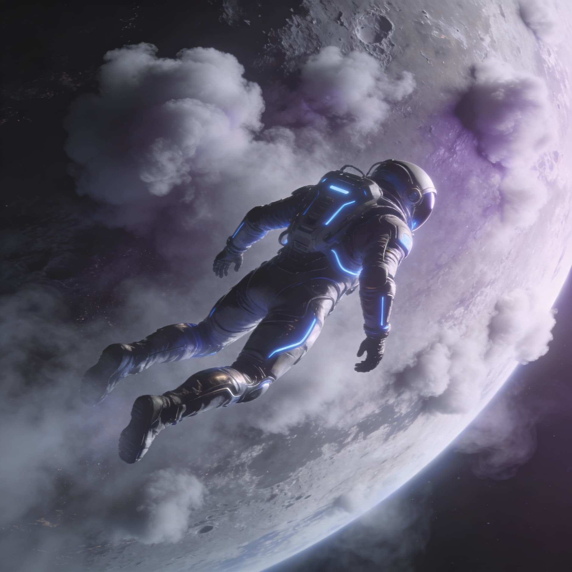AI generated: hazme un astronauta futurista llegando a un planeta que parezca algodón de color morado grisáceo