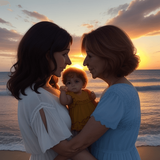 AI generated: Atardecer de un sol muy muy grande, observado por una mamá señora 50 años y una  mujer de 45 años ca...