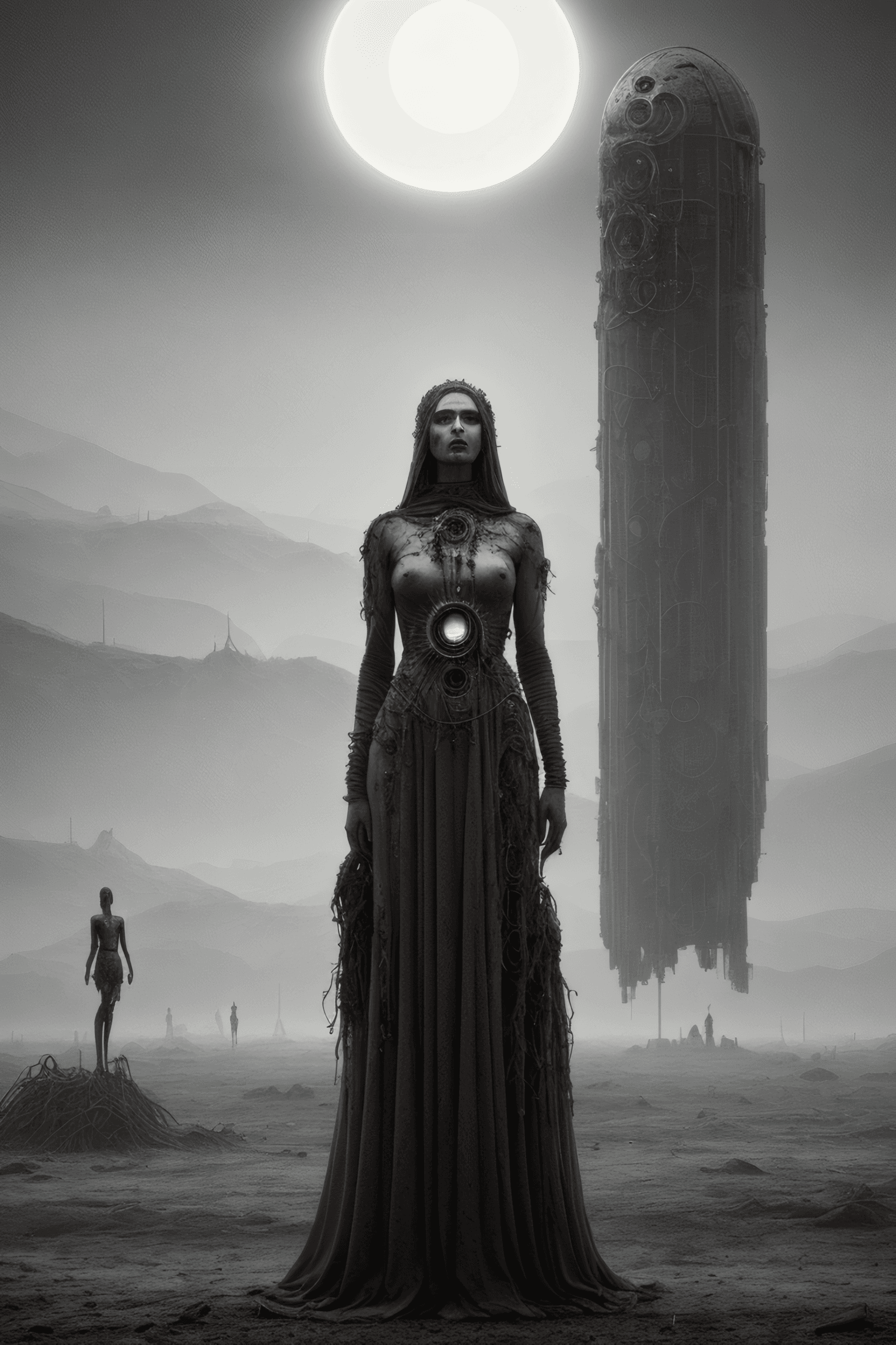 AI generated: a biomechanical woman standing solemnly in a post-apocalyptic desert under an eclipse, her body part...
