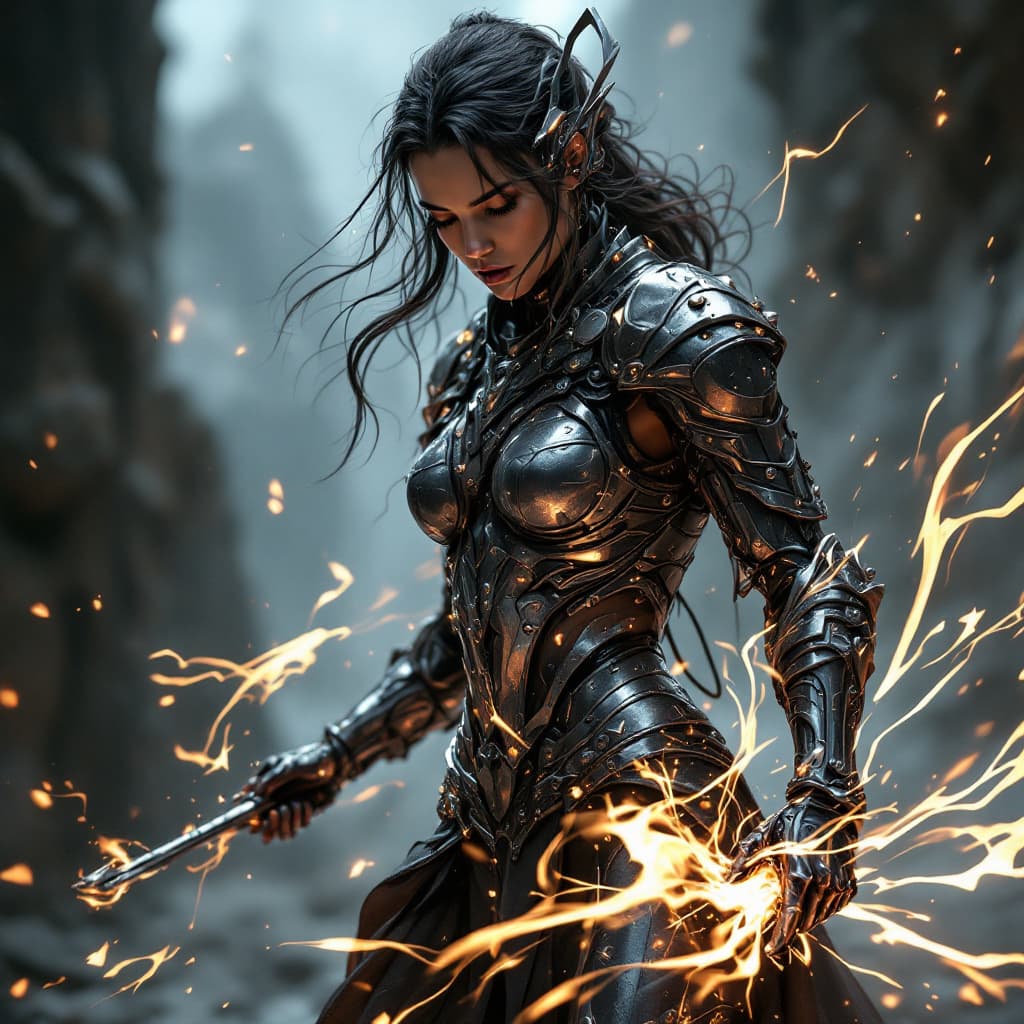 AI generated: A powerful metal shaper, her form and her clothing seem to be made from shifting metal that she has ...