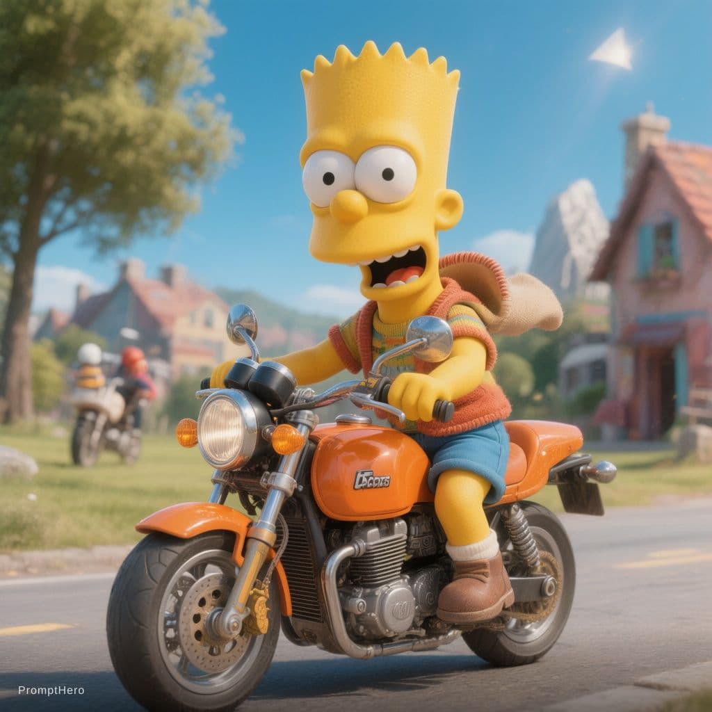 AI generated: bart simpson 3d remera azul 3d en motocicleta naranja 3d

