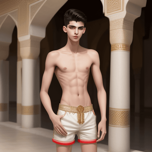 AI generated: 18-year-old male model, Arabic, slim, small waist, pale, small shorts, inside Arabic palace