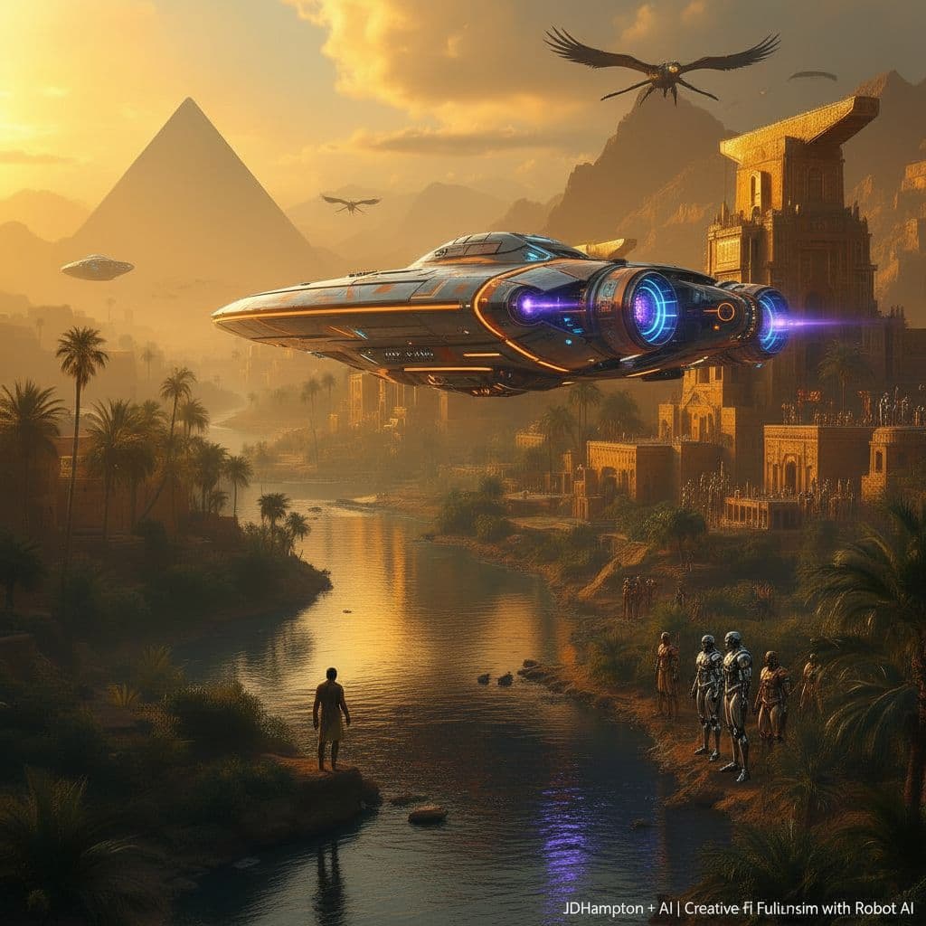 AI generated: A vast golden Abydos Eygpt City in the back of rich thick lush beautiful jungle  thives with rivers ...