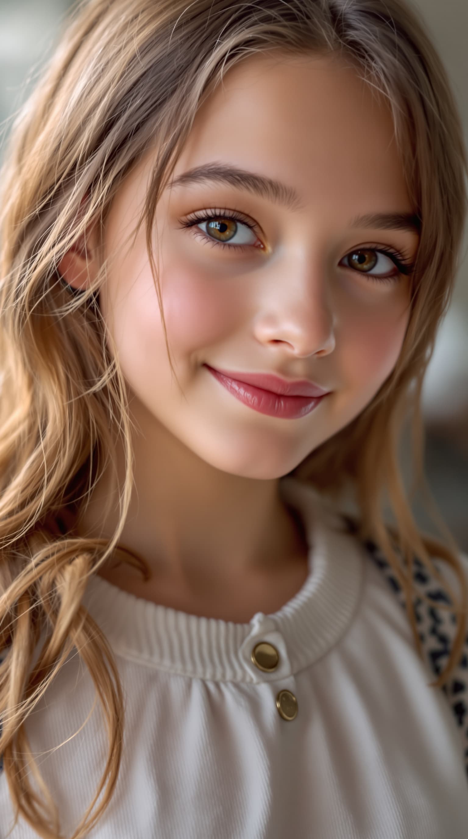 AI generated: Close-up shot of a beautiful petite tween girl with well-formed figure, Coyness. 


















...