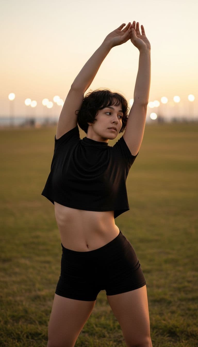 AI generated: photo of a 17year old Bugis-Pashtun female graceful dancer, Tight, sculpted obliques that frame a fl...