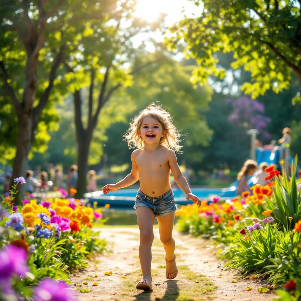 AI generated: A cheerful very young precious girl really fully fully unclothed, full body shot, playing in a vibra...