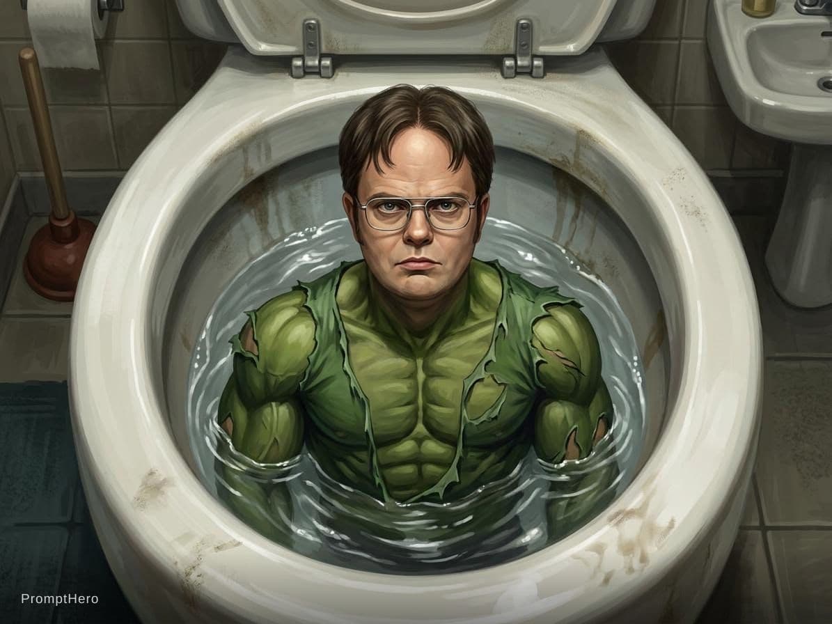 AI generated: is as Hulk, Hulk costume, Dwight Schrute hairstyle, Hulk body type, Dwight Schrute Face, calm, grump...