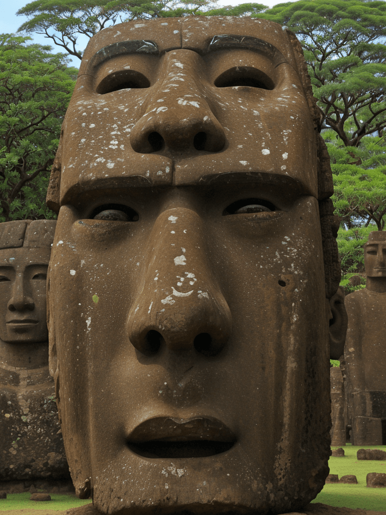 AI generated: A moai, one of the famed, giant stone
