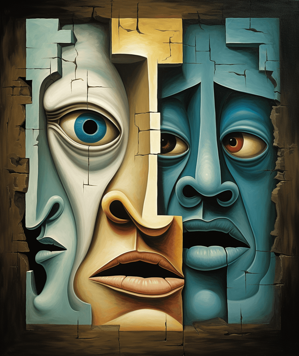 AI generated: Pablo Picasso's painting depicting three faces inside one rectangle in the style of surrealism, crea...