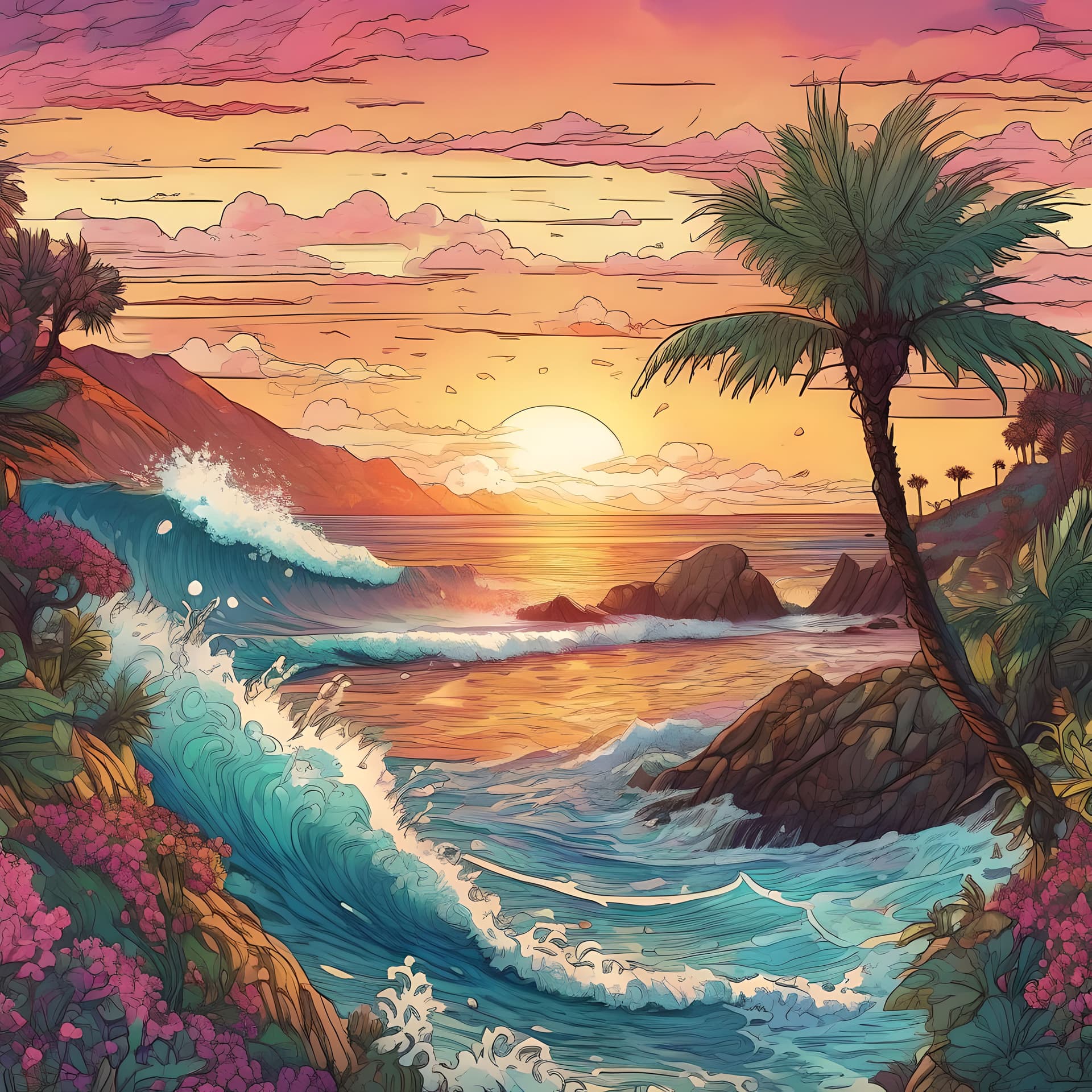 AI generated: California coast at sunset, Ink accents, hyper detailed handdrawn splashscreen, Maximalist masterpie...