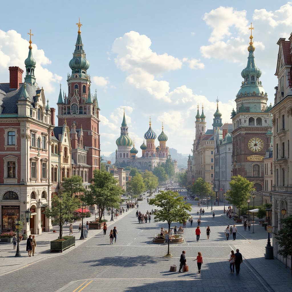 AI generated: Подробная иллюстрация городской площади 18-го века с великолепным собором со сложными архитектурными...