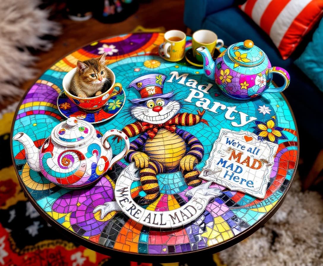 AI generated: 3D HDR Trippy Hippie Soho Boho influenced  coffee table mosaic featuring intricately detailed psyche...