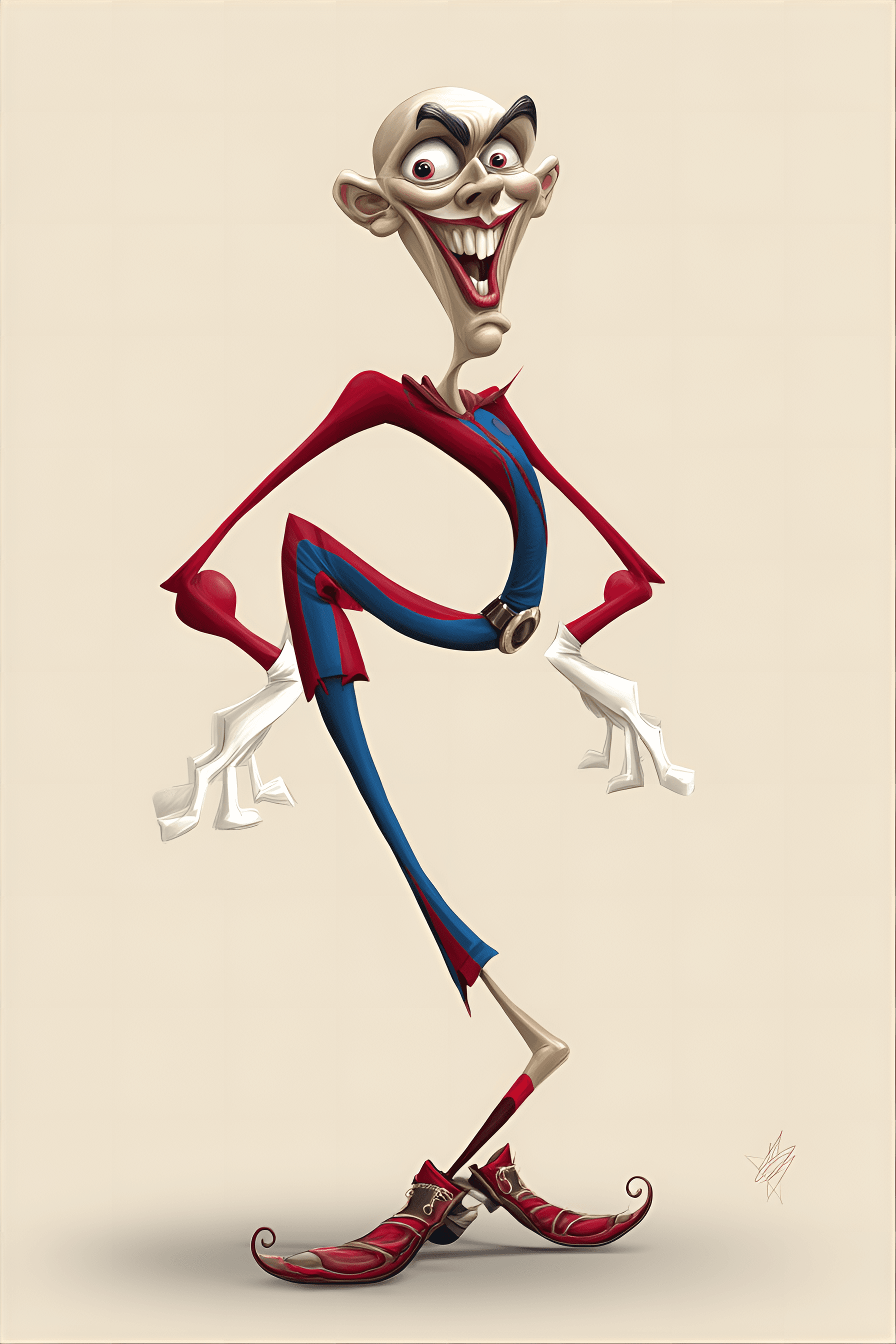 AI generated: funny caricature, wacky contortionist, male, 30 years old, flexible, energetic, odd, extremely lanky...