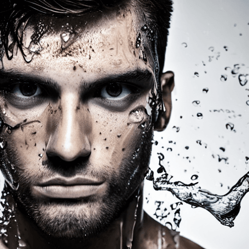 AI generated: Brunette man, wet brown hair, with splash of water hit over his face, serious, masculine, heroic, wi...