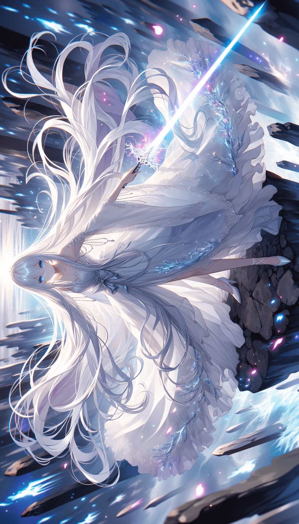 AI generated: Anime style portrayal of a pale-skinned woman with long silver hair, draped in a flowing, ethereal g...