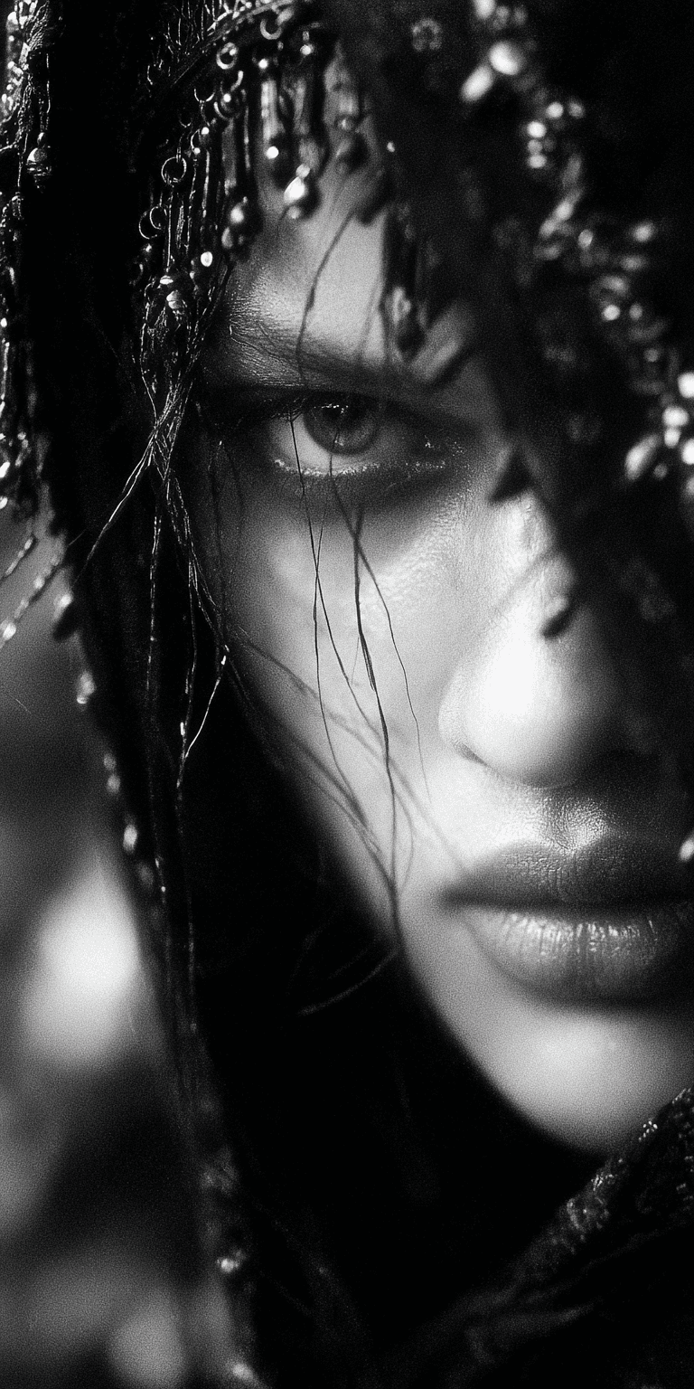 AI generated: Breathtakingly beautiful Indian woman, fashion photography, cover photo, black and white, female mod...