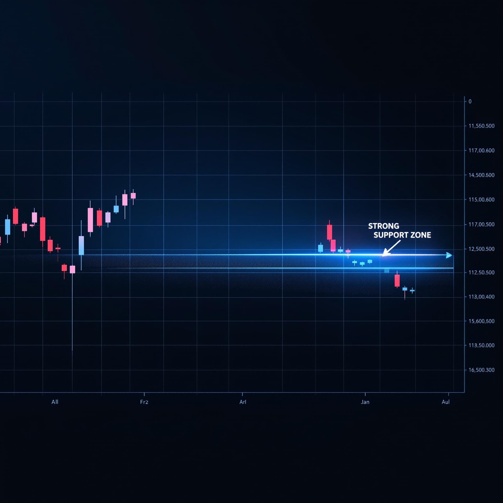 AI generated: "A highly detailed Forex chart showing a clear downtrend moving towards a strong horizontal support ...